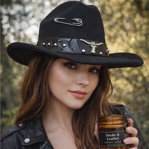 Custom Black Western Hat with Feather and Bull Skull Band and card accent